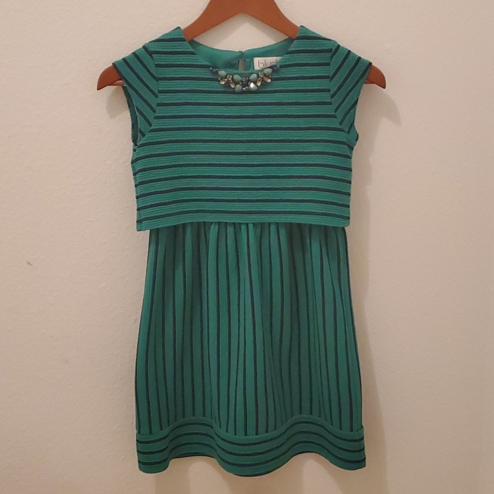 Girls Navy & Emerald Striped Caped Sleeve Dress